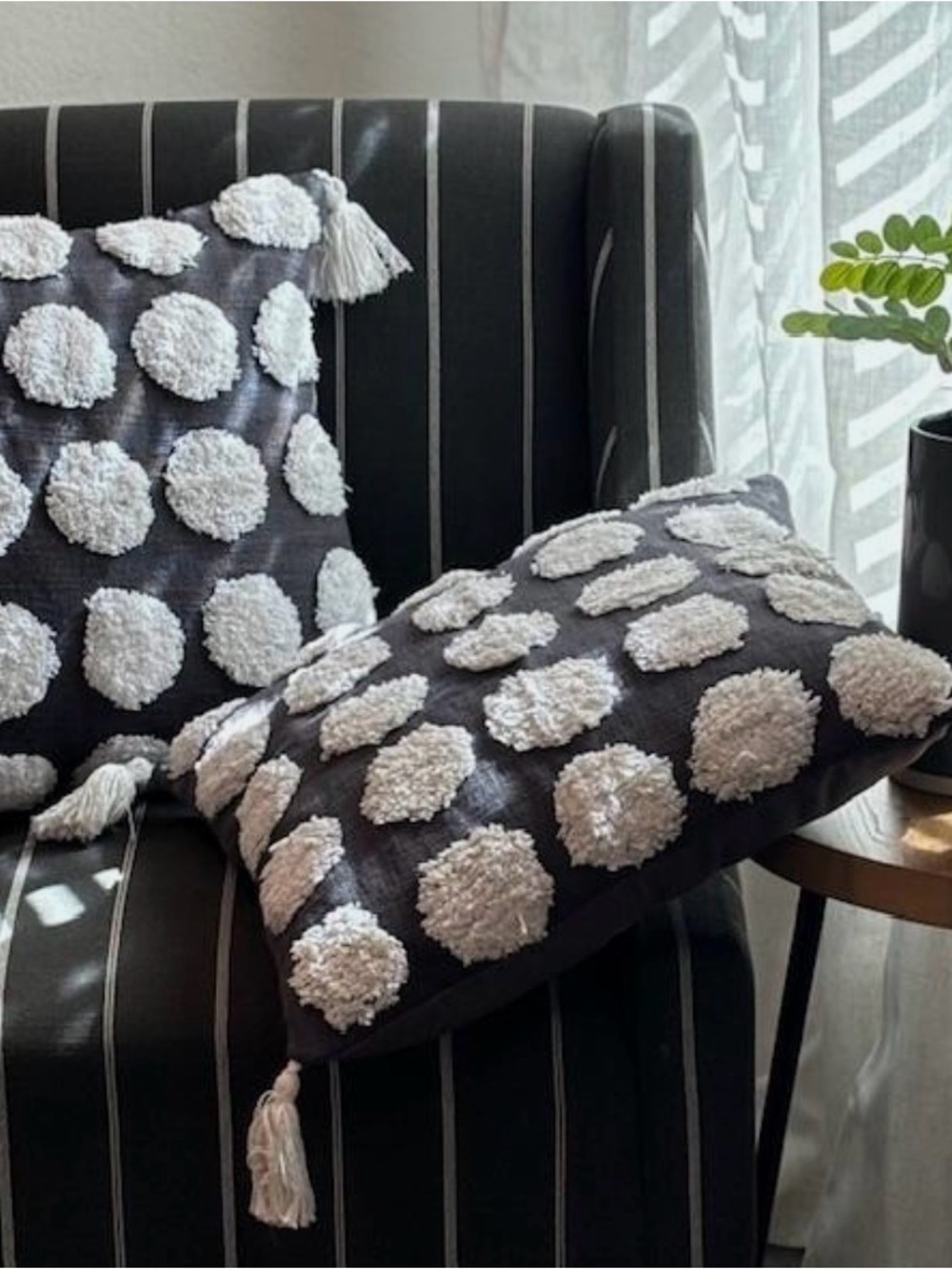 Tassel Dot Accent Pillow - Charcoal Gray with White Pom Dots